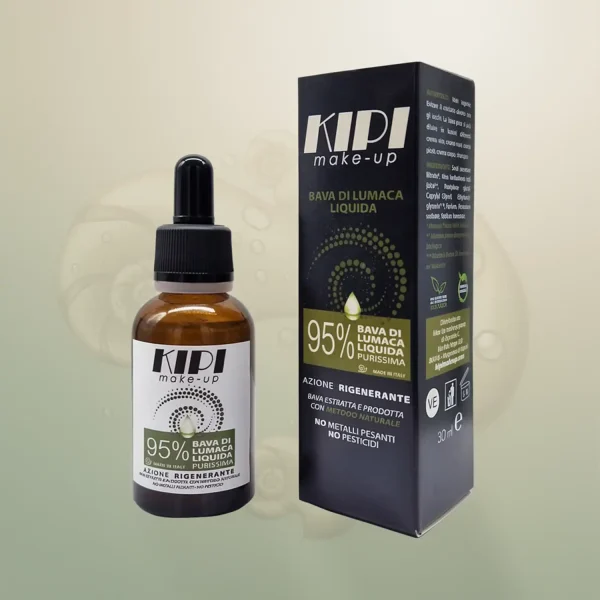 Bava di lumaca liquida Kipi al 95%: siero naturale rigenerante per contrastare macchie cutanee e segni del tempo.