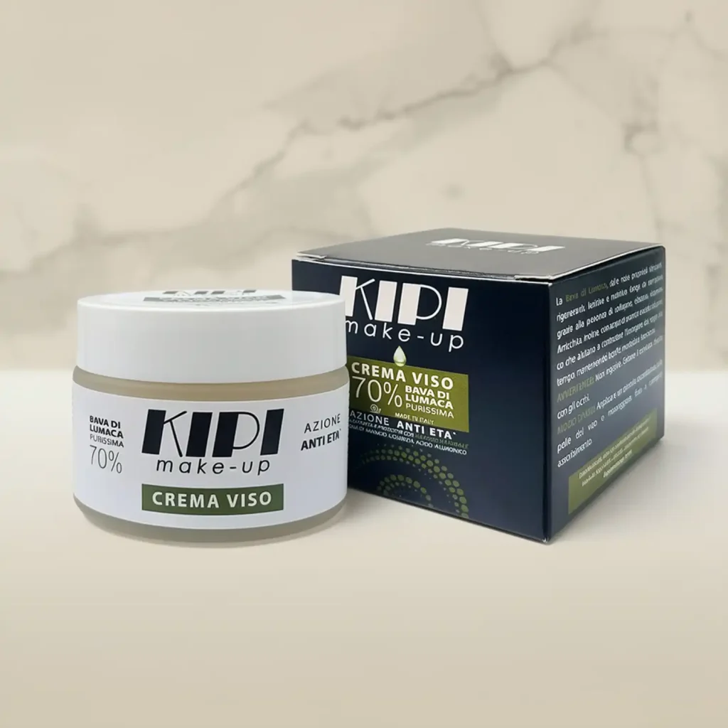 Crema viso Kipi con 70% bava di lumaca: trattamento idratante e anti-age per una pelle compatta e radiosa.