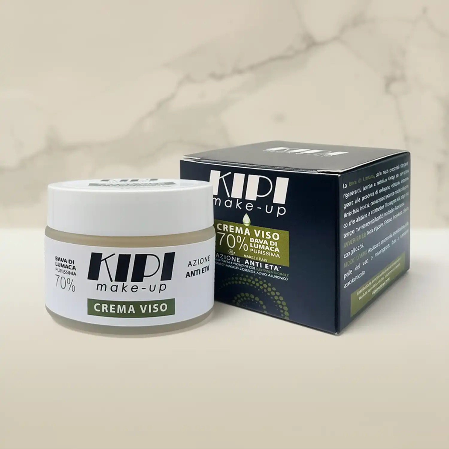 Crema viso Kipi con 70% bava di lumaca: trattamento idratante e anti-age per una pelle compatta e radiosa.