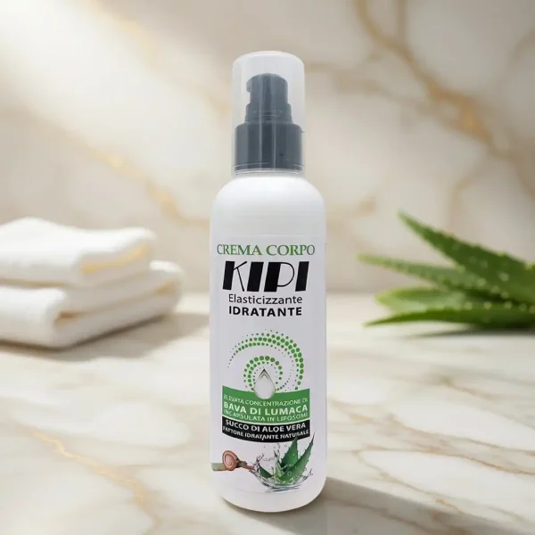 Crema corpo elasticizzante Kipi ai liposomi di bava di lumaca e olio di mandorle dolci per una pelle tonica e compatta.