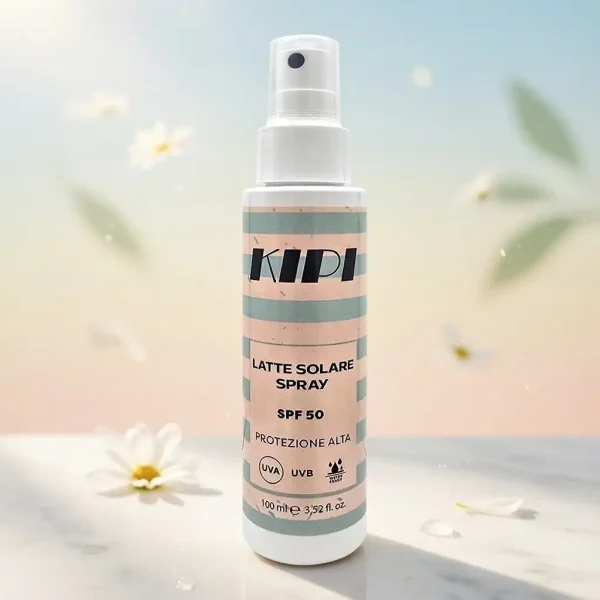 Latte Solare SPF 50 Kipi - Scudo Totale Latte solare spray Kipi SPF 50: protezione molto alta UVA e UVB per pelli sensibili e chiare