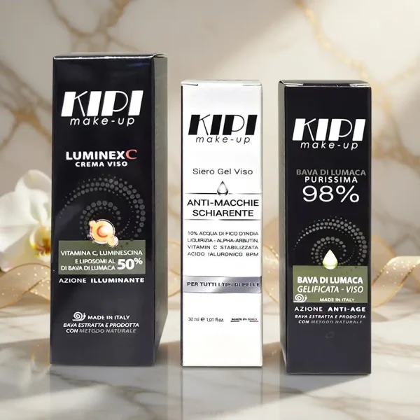 Kit antimacchia viso Kipi: trattamento completo con bava di lumaca e siero schiarente per uniformare l'incarnato e ridurre le macchie brune