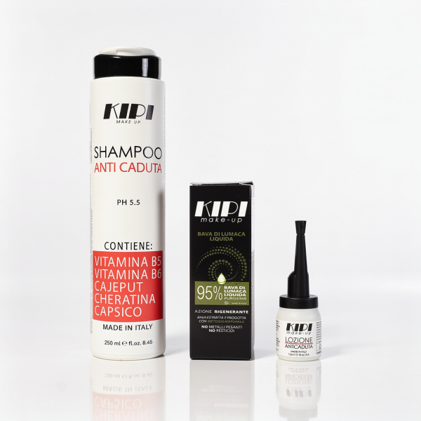 Kit completo trattamento anticaduta capelli Kipi con shampoo e lozione stimolante