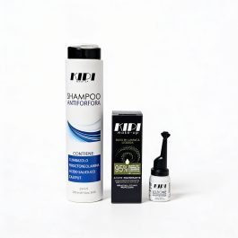 Kit Antiforfora Kipi Makeup – Trattamento Completo Kit antiforfora professionale Kipi Makeup con shampoo purificante e lozione lenitiva su sfondo elegante.