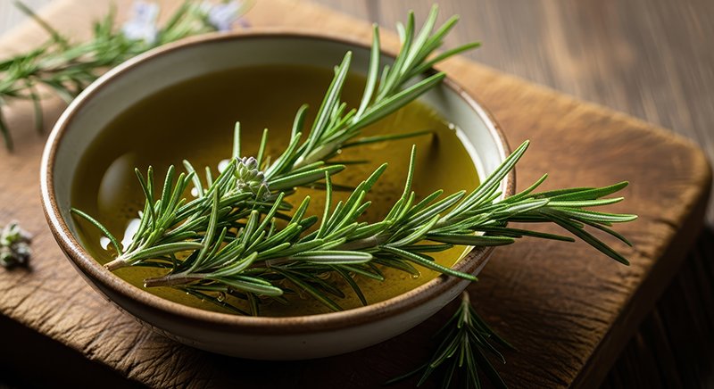 Primo piano di un pentolino in ghisa smaltata verde salvia colmo di rami freschi di rosmarino immersi in acqua sobbollente con vapore che sale, appoggiato su un fornello a gas acceso in una cucina rustica.