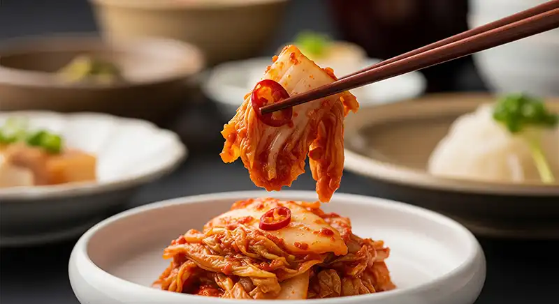 Un piatto di Kimchi coreano tradizionale, esempio di alimento fermentato ricco di probiotici che favoriscono la luminosità della pelle.