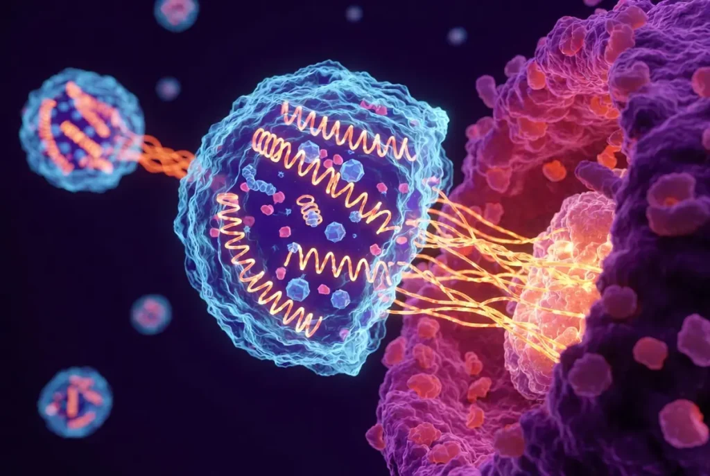 Infografica scientifica che mostra un esosoma lipidico trasportare proteine, RNA e fattori di crescita verso un fibroblasto cutaneo per la fusione e il rilascio di segnali di riparazione.