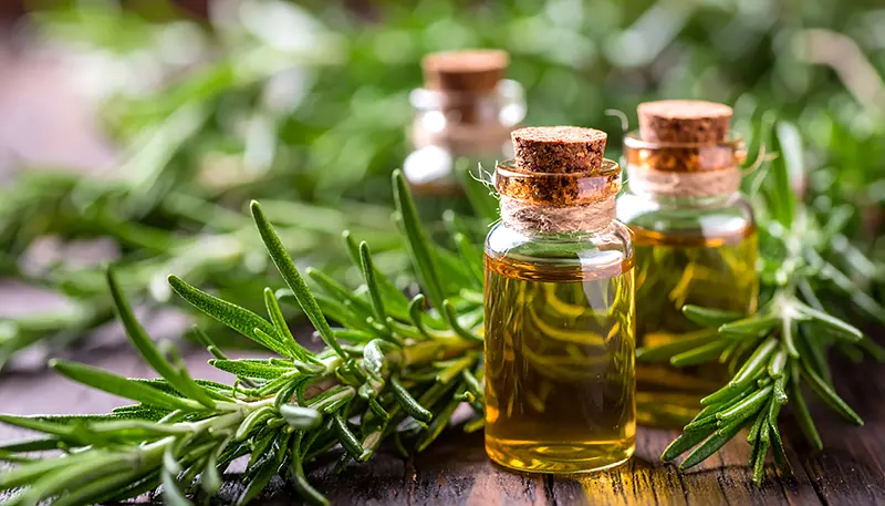 Una boccetta di vetro trasparente e cilindrica piena di olio di rosmarino limpido con rametti di rosmarino freschi all'interno, chiusa da un tappo di sughero naturale e appoggiata su una superficie di marmo bianco.