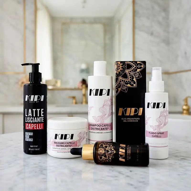 Trattamenti professionali Kipi: Kit Anticrespo biologico, Olio di Argan puro e Latte Lisciante per capelli setosi.