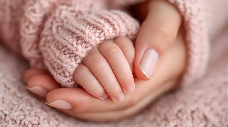 Dettaglio delle mani di una mamma e un neonato, simbolo della protezione del microbioma cutaneo attraverso i fermenti lattici Kipi.