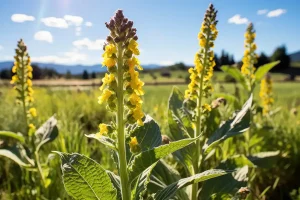 Primo piano di fiori gialli di Verbasco Verbascum Thapsus pianta per fitoluminescenza cosmetica