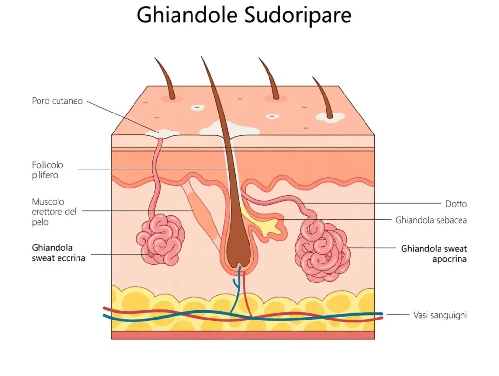 Schema anatomico della pelle che mostra la differenza tra ghiandole eccrine (sudore acquoso) e ghiandole apocrine (sudore proteico).