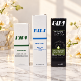 Tre prodotti KIPI su marmo elegante kit korean beauty