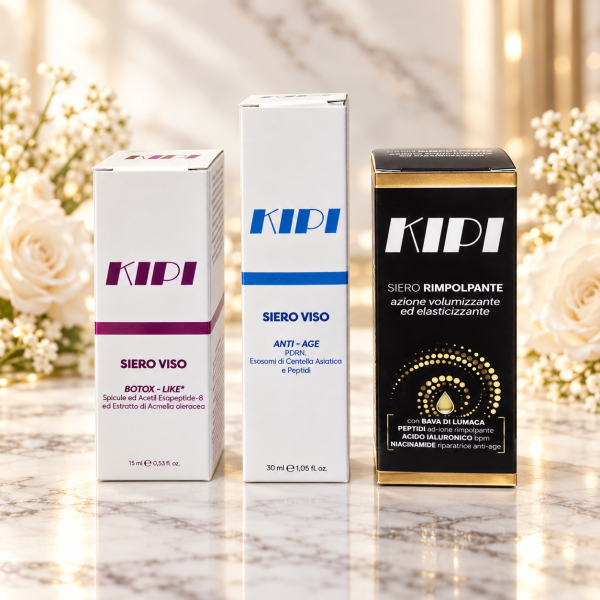 Tre sieri KIPI su marmo luminoso Kit viso rimpolpante kipi